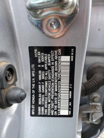 SHHFK7G4XJU216123 - 2018 HONDA CIVIC SPORT 银色 照片 10