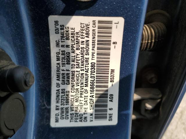 1HGFA16866L070380 - 2006 HONDA CIVIC EX BLUE photo 12