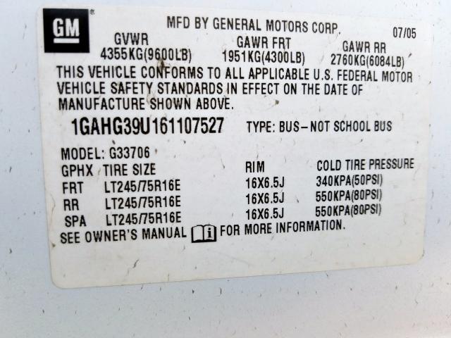 1GAHG39U161107527 - 2006 CHEVROLET EXPRESS G3500  photo 10