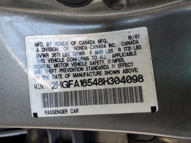 2HGFA16548H304098 - 2008 HONDA CIVIC LX GRAY photo 12