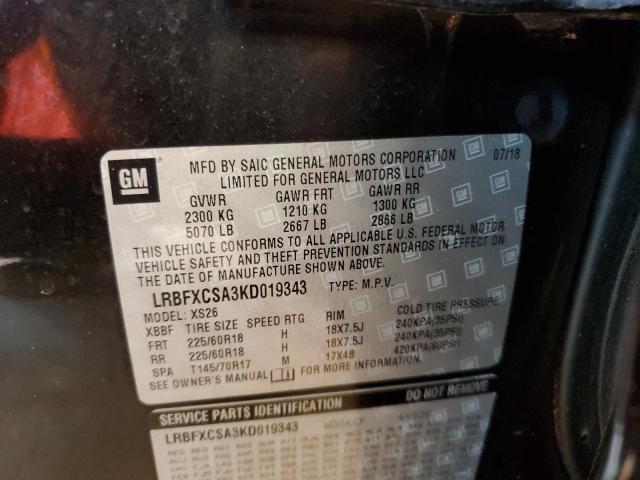 LRBFXCSA3KD019343 - 2019 BUICK ENVISION ESSENCE BLACK photo 12