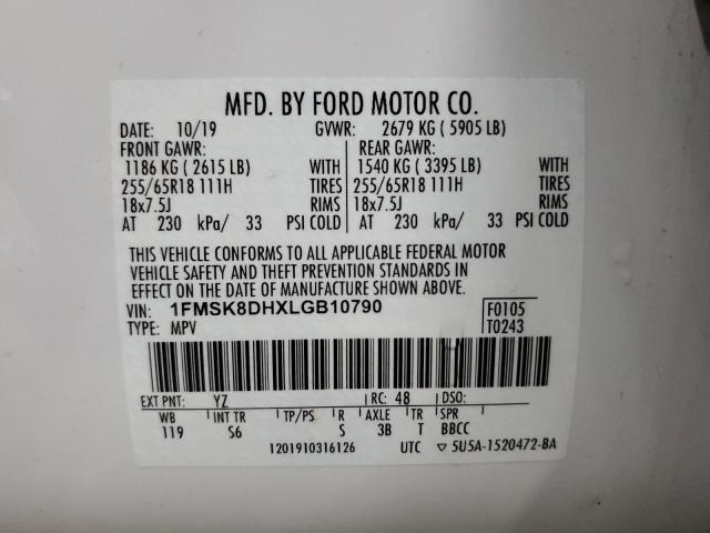 1FMSK8DHXLGB10790 - 2020 FORD EXPLORER XLT 白色 照片 13