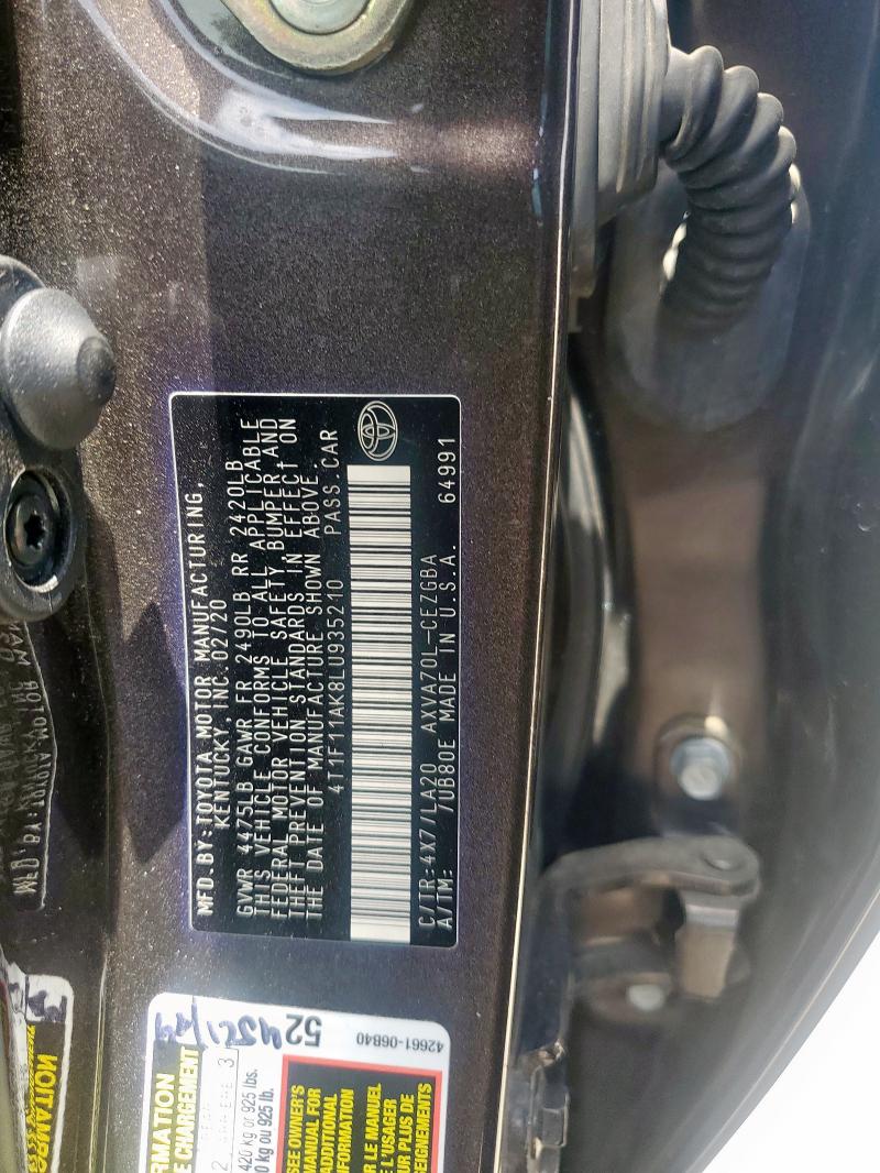 4T1F11AK8LU935210 - 2020 TOYOTA CAMRY XLE ნაცრისფერი ფოტო 12