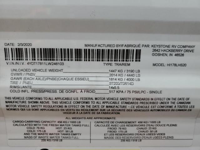 4YDT17811LW246103 - 2020 KEYSTONE TRAILER WHITE photo 10