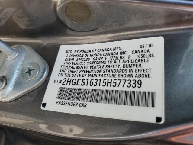 2HGES16315H577339 - 2005 HONDA CIVIC DX VP ნაცრისფერი ფოტო 13