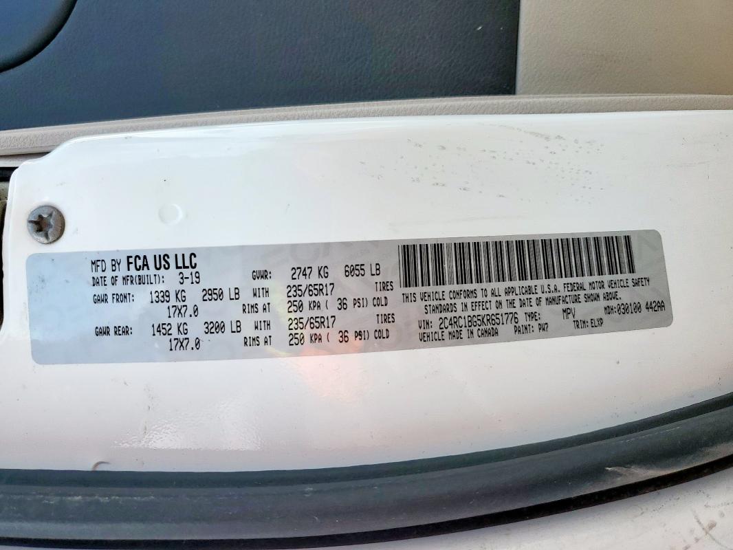 2C4RC1BG5KR651776 - 2019 CHRYSLER PACIFICA TOURING L WHITE photo 14