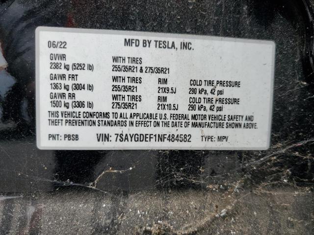 7SAYGDEF1NF484582 - 2022 TESLA MODEL Y 黑色 照片 13