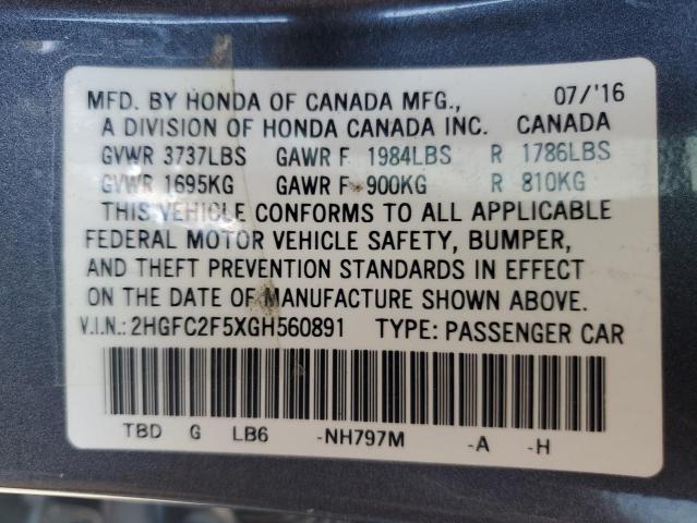 2HGFC2F5XGH560891 - 2016 HONDA CIVIC LX 石墨色 照片 12