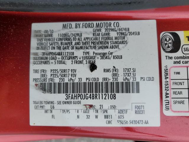 3FAHP0JG4BR112108 - 2011 FORD FUSION SEL RED photo 12