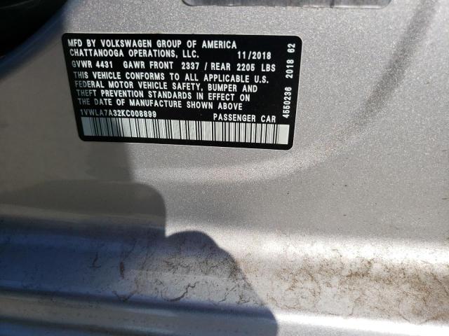 1VWLA7A32KC008899 - 2019 VOLKSWAGEN PASSAT WOLFSBURG SILVER photo 12