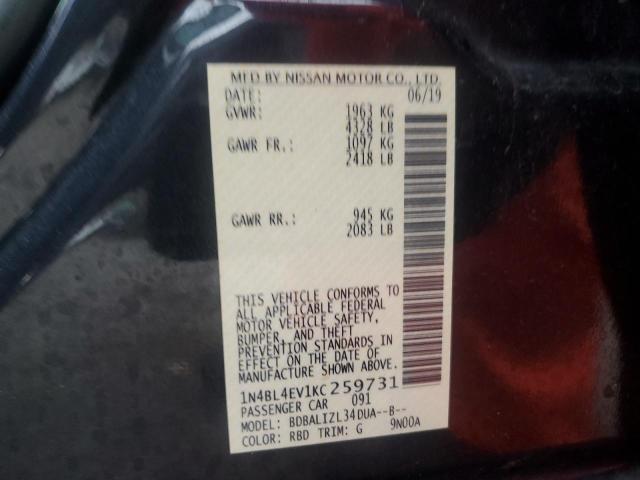 1N4BL4EV1KC259731 - 2019 NISSAN ALTIMA SL შავი ფოტო 12