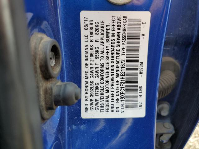 19XFC1F31HE211672 - 2017 HONDA CIVIC EX BLUE photo 13