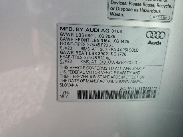 WA1BY74L88D043773 - 2008 AUDI Q7 3.6 QUATTRO PREMIUM SILVER photo 13