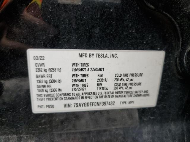 7SAYGDEF0NF397482 - 2022 TESLA MODEL Y BLACK photo 13