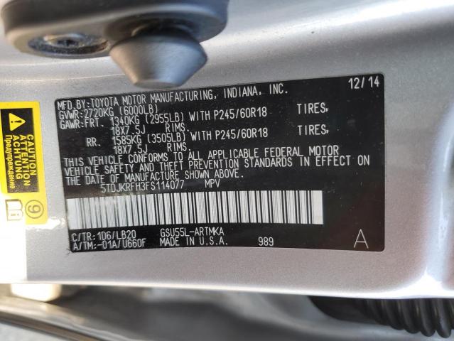 5TDJKRFH3FS114077 - 2015 TOYOTA HIGHLANDER XLE SILVER photo 12