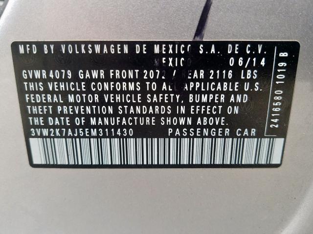 3VW2K7AJ5EM311430 - 2014 VOLKSWAGEN JETTA BASE  照片 10