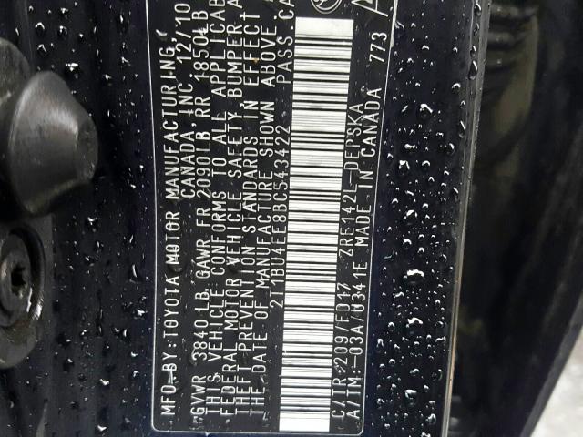 2T1BU4EE8BC543422 - 2011 TOYOTA COROLLA BASE  photo 10