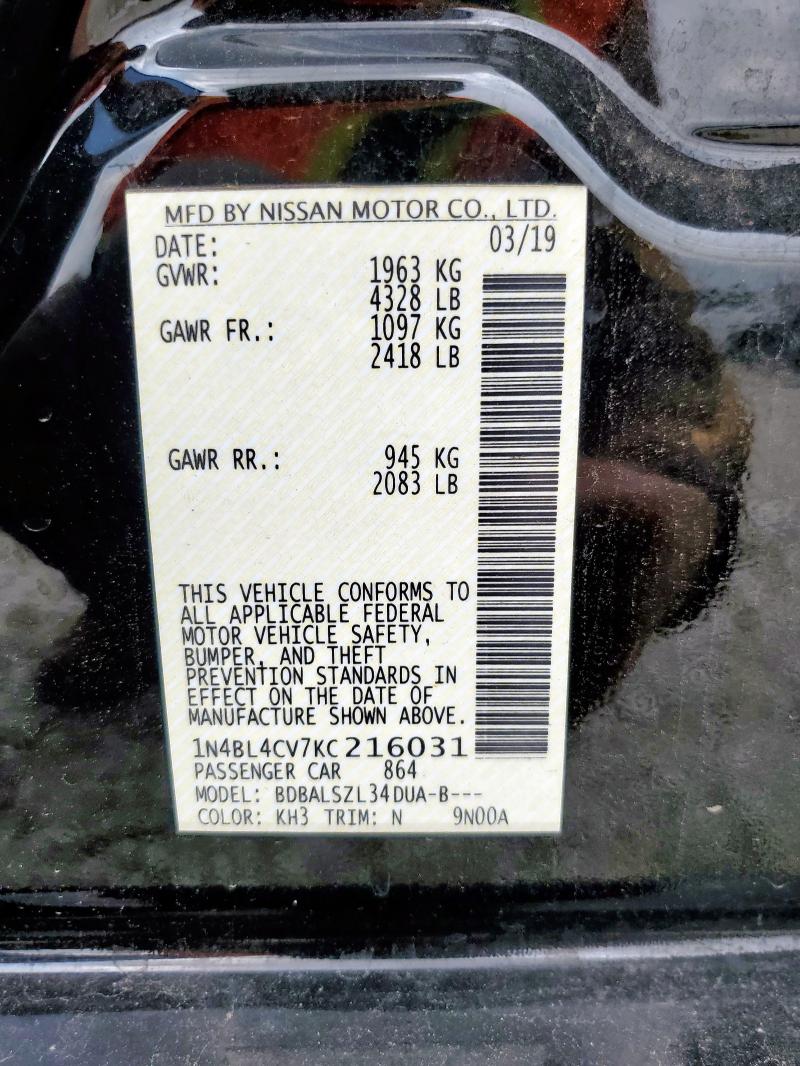 1N4BL4CV7KC216031 - 2019 NISSAN ALTIMA SR შავი ფოტო 12