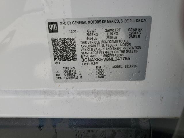 3GNAXKEV8NL141755 - 2022 CHEVROLET EQUINOX LT WHITE photo 13