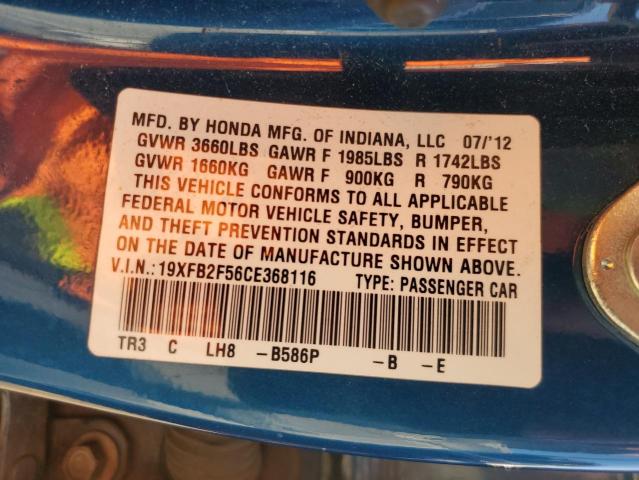 19XFB2F56CE368116 - 2012 HONDA CIVIC LX BLUE photo 13