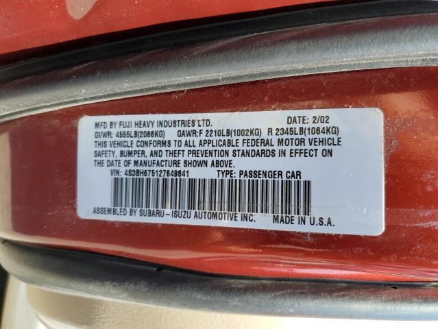 4S3BH675127649841 - 2002 SUBARU LEGACY OUTBACK AWP 勃艮第红 照片 12