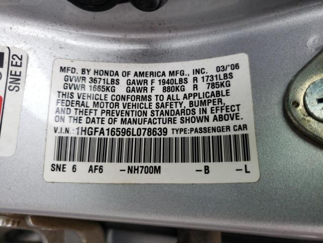 1HGFA16596L078639 - 2006 HONDA CIVIC LX SILVER photo 12