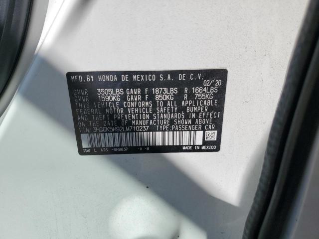 3HGGK5H92LM710237 - 2020 HONDA FIT EXL WHITE photo 12