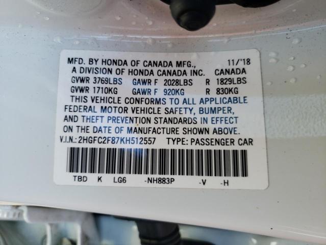 2HGFC2F87KH512557 - 2019 HONDA CIVIC SPORT 白色 照片 12