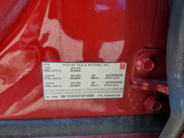 5YJSA1E21GF149356 - 2016 TESLA MODEL S 红色 照片 12