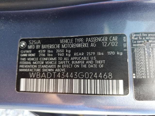 WBADT43443G024468 - 2003 BMW 525 I AUTOMATIC BLUE photo 12