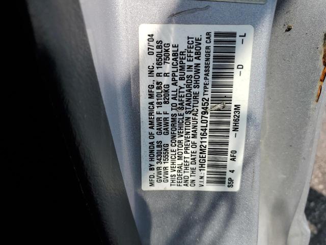 1HGEM21164L079452 - 2004 HONDA CIVIC DX VP Silber Foto 12