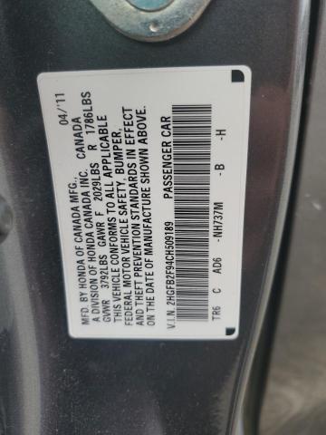 2HGFB2F94CH509189 - 2012 HONDA CIVIC EXL GRAY photo 12