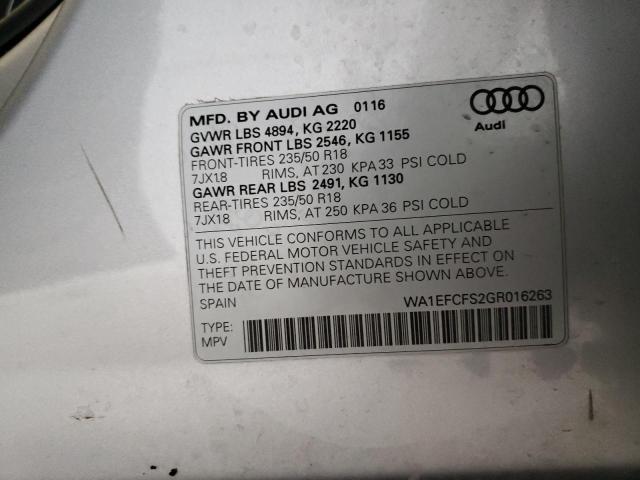 WA1EFCFS2GR016263 - 2016 AUDI Q3 PREMIUM PLUS SILVER photo 13