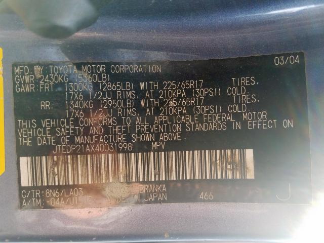 JTEDP21AX40031998 - 2004 TOYOTA HIGHLANDER BASE  photo 10