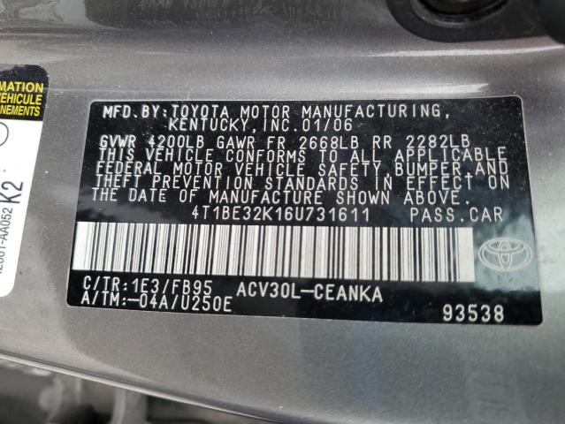 4T1BE32K16U731611 - 2006 TOYOTA CAMRY LE 灰色 照片 12