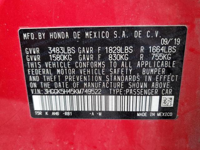 3HGGK5H45KM749522 - 2019 HONDA FIT LX Қызыл фото 14