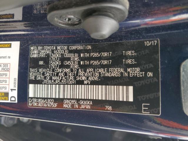 JTEBU5JR5J5510691 - 2018 TOYOTA 4RUNNER SR5/SR5 PREMIUM BLUE photo 13