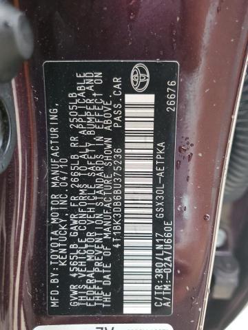 4T1BK3DB6BU375236 - 2011 TOYOTA AVALON BASE 勃艮第红 照片 12