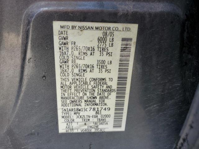5N1AR18W15C781749 - 2005 NISSAN PATHFINDER LE 灰色 照片 12