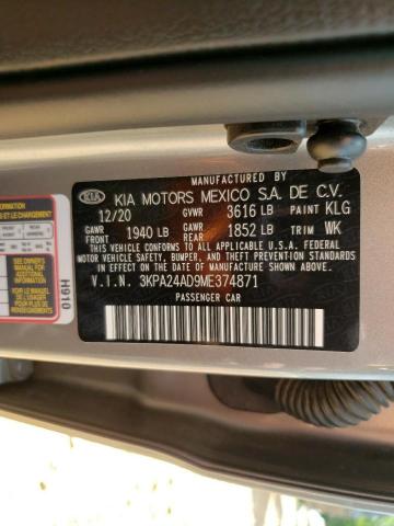 3KPA24AD9ME374871 - 2021 KIA RIO LX SILVER photo 12