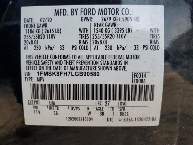 1FMSK8FH7LGB90580 - 2020 FORD EXPLORER LIMITED BLACK photo 14