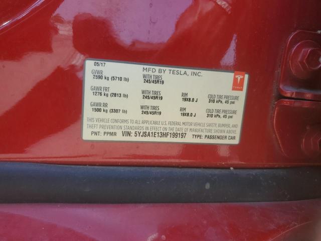 5YJSA1E13HF199197 - 2017 TESLA MODEL S წითელი ფოტო 12