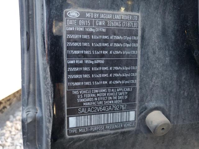 SALAC2V64GA792767 - 2016 LAND ROVER LR4 შავი ფოტო 12