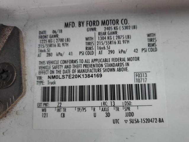 NM0LS7E20K1384169 - 2019 FORD TRANSIT CONNECT XL 白色 照片 13