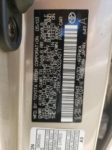 JTDBE32K430224211 - 2003 TOYOTA CAMRY LE BEIGE photo 12