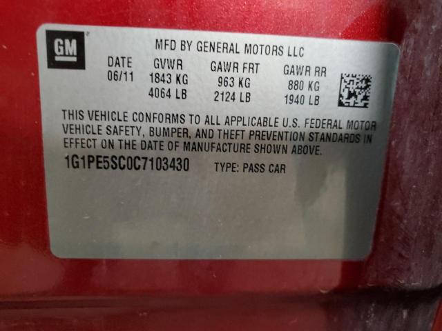 1G1PE5SC0C7103430 - 2012 CHEVROLET CRUZE LT RED photo 12