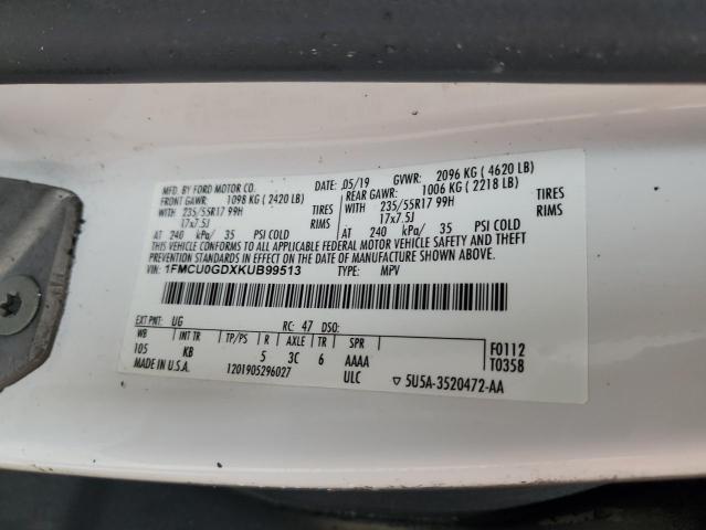 1FMCU0GDXKUB99513 - 2019 FORD ESCAPE SE WHITE photo 13