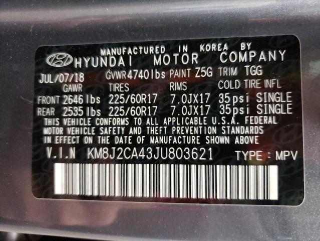 KM8J2CA43JU803621 - 2018 HYUNDAI TUCSON SE GRAY photo 13