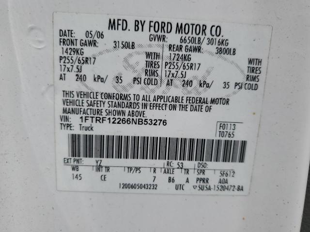 1FTRF12266NB53276 - 2006 FORD F150 WHITE photo 12