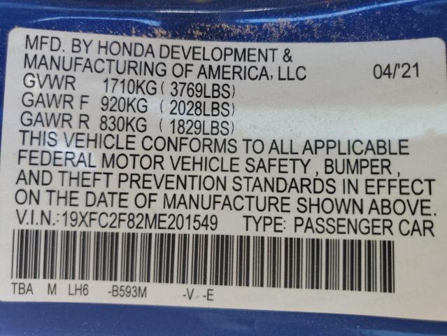 19XFC2F82ME201549 - 2021 HONDA CIVIC SPORT 蓝色 照片 12